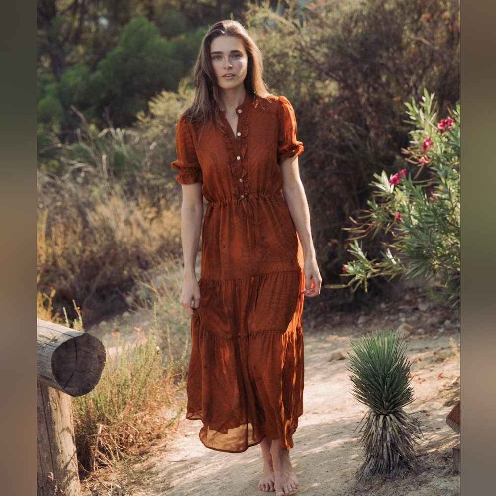 EUC Christy Dawn Rustic Burnt Orange Tiered Button-Front Maxi Dress